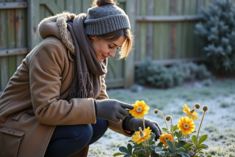 Femme en manteau d'hiver touchant des fleurs gelées dans un jardin