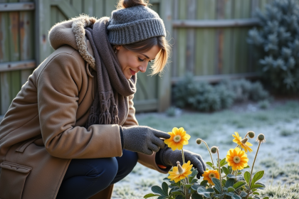 Femme en manteau d'hiver touchant des fleurs gelées dans un jardin