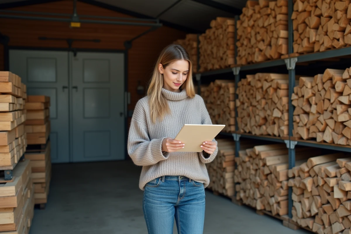 Femme vérifiant livraison de bois dans le garage