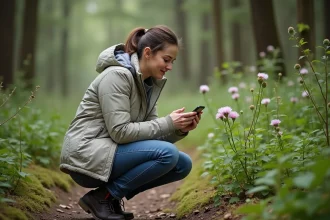 Femme dans la forêt utilisant son téléphone pour identifier une fleur