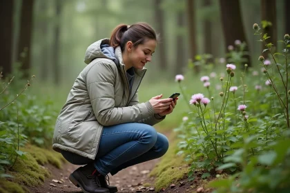 Femme dans la forêt utilisant son téléphone pour identifier une fleur