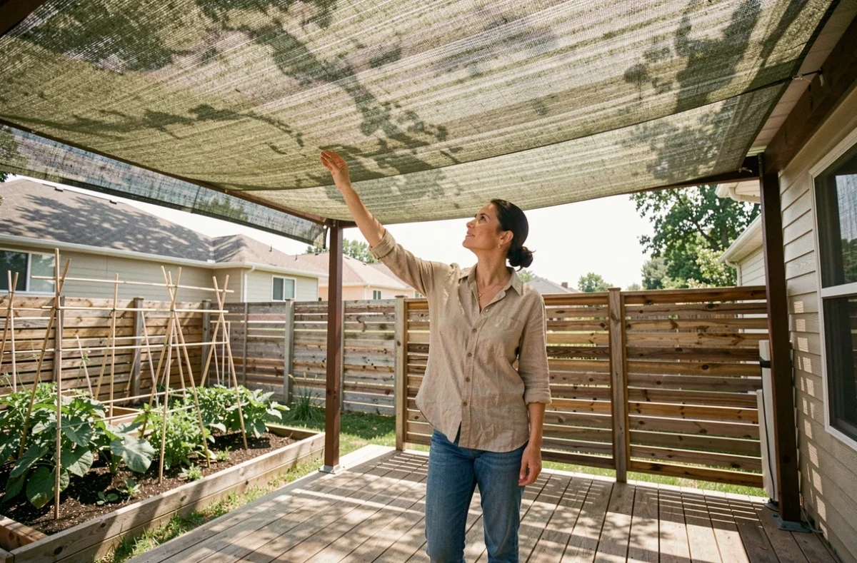 Femme inspectant un filet camouflage tendu sur une pergola de jardin, vue en contre-plongée montrant la couverture d'ombrage