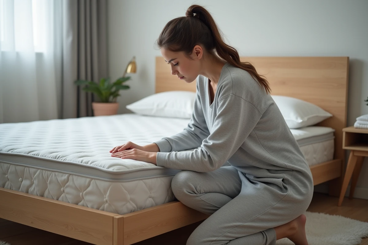 Femme inspectant un matelas à la recherche de petites bêtes noires sauteuses dans sa chambre
