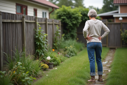 Femme regardant son jardin bien entretenu face à un terrain en friche