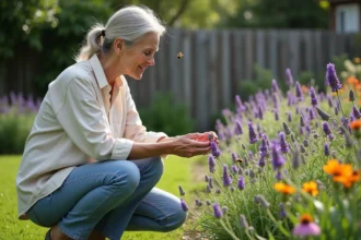 Femme au jardin observant des abeilles sur des fleurs de lavande