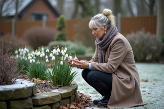Femme examinant des hellébores en hiver dans le jardin