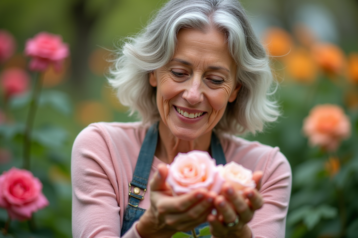Femme inspectant des roses dans un jardin printanier
