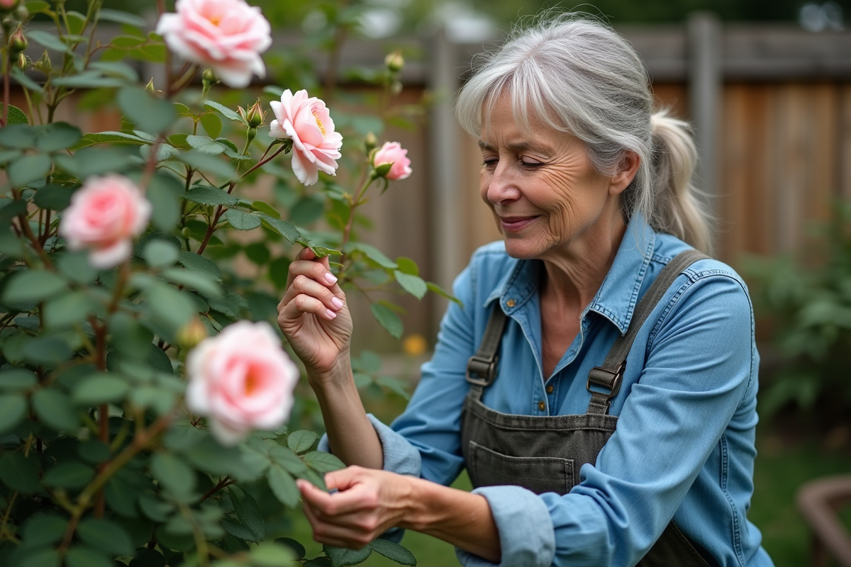 Femme inspectant un rosier en jardin avec des taches noires
