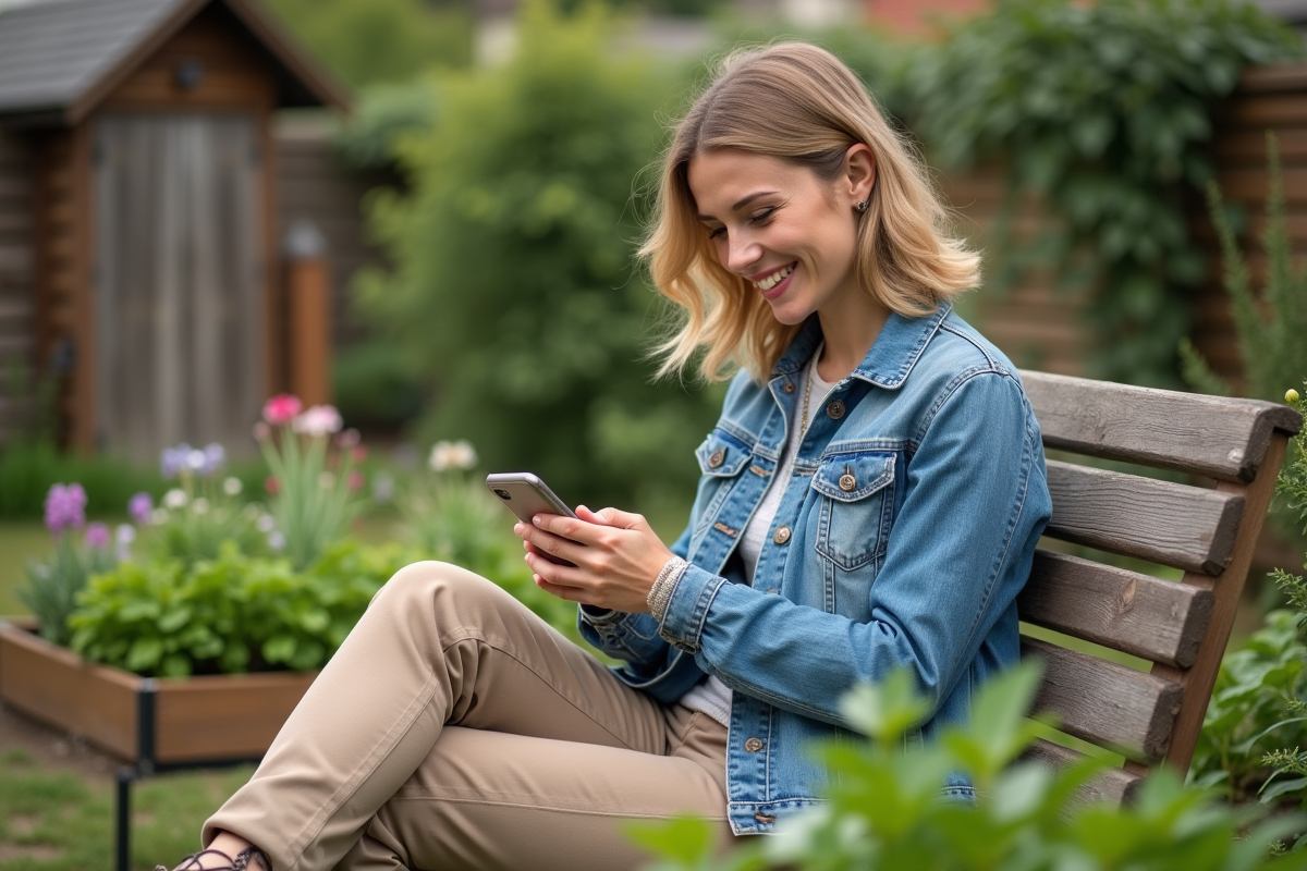Femme souriante dans son jardin avec smartphone et fleurs