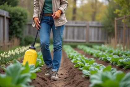 Femme en jardinage avec arrosoir dans un potager au printemps