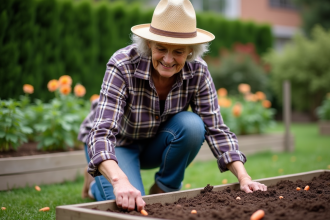 Femme âgée plantant des graines de carotte dans son jardin
