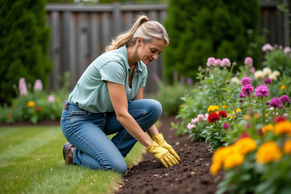 Femme d'âge moyen en jardinage avec fleurs colorées