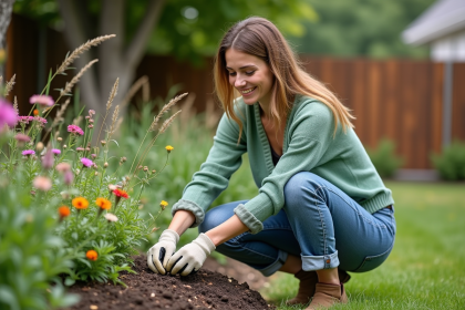 Femme plantant des fleurs sauvages dans un jardin verdoyant
