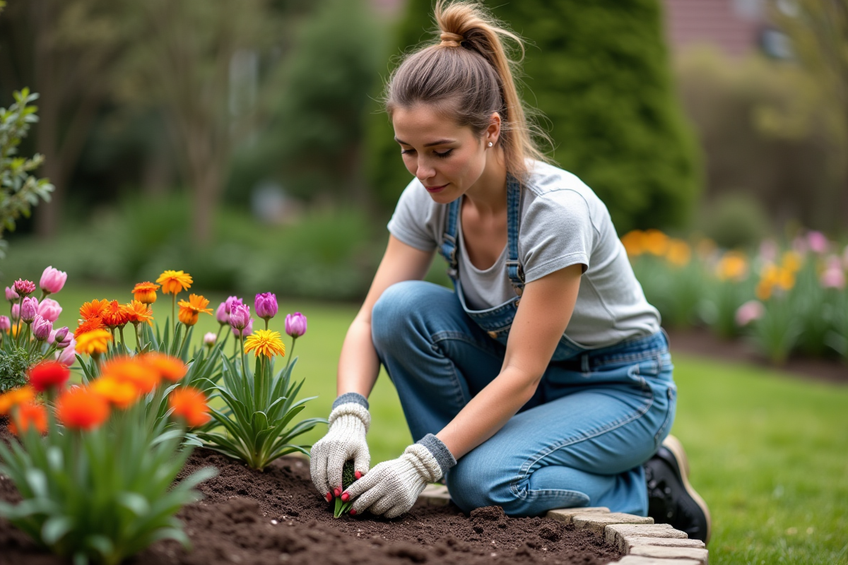 Femme en jardinage plantant des fleurs colorées dans un jardin