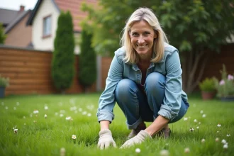 Femme souriante en jardinage dans la pelouse avec fleurs sauvages