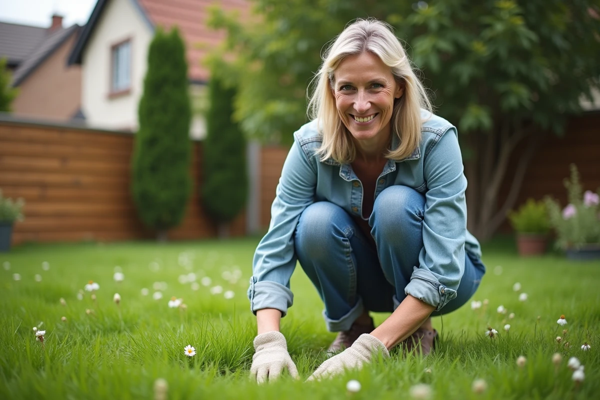 Femme souriante en jardinage dans la pelouse avec fleurs sauvages