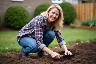 Femme d'âge moyen en vêtements de jardinage dans un jardin