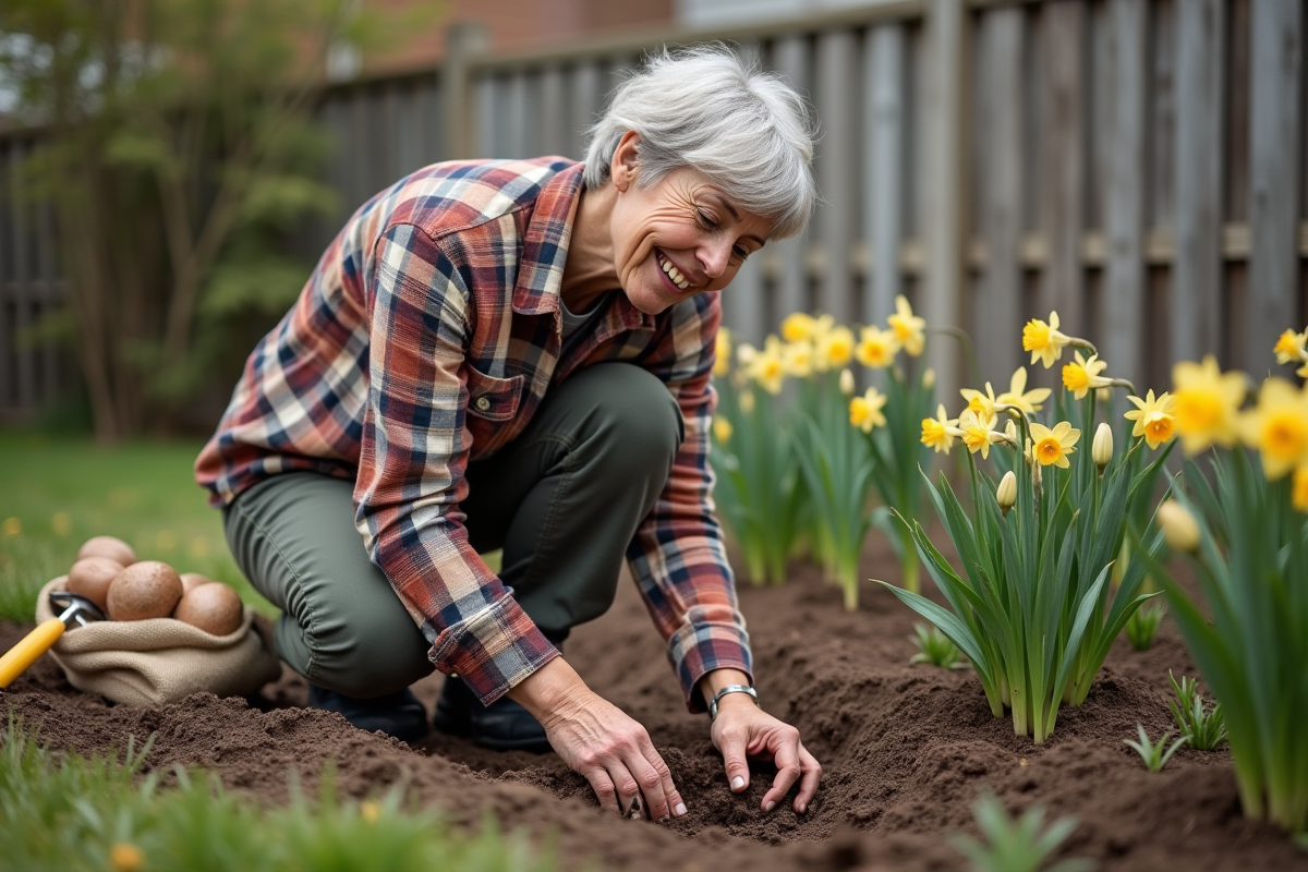 Femme plantant des tulipes dans un jardin au printemps