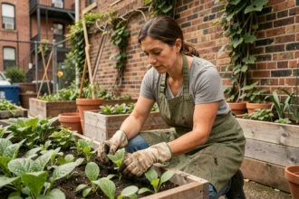 Femme jardinant dans un potager urbain partagé, transplantant des plants dans une jardinière en bois de quartier