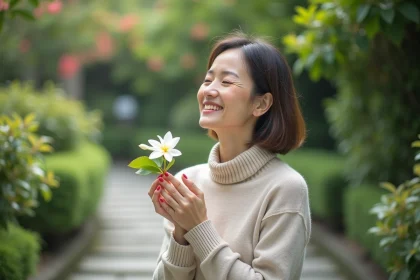 Femme sereine avec fleur de jasmin dans un jardin