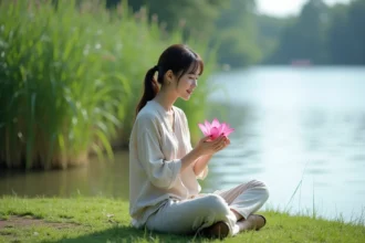 Jeune femme méditant au bord du lac avec lotus rose