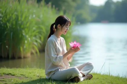 Jeune femme méditant au bord du lac avec lotus rose