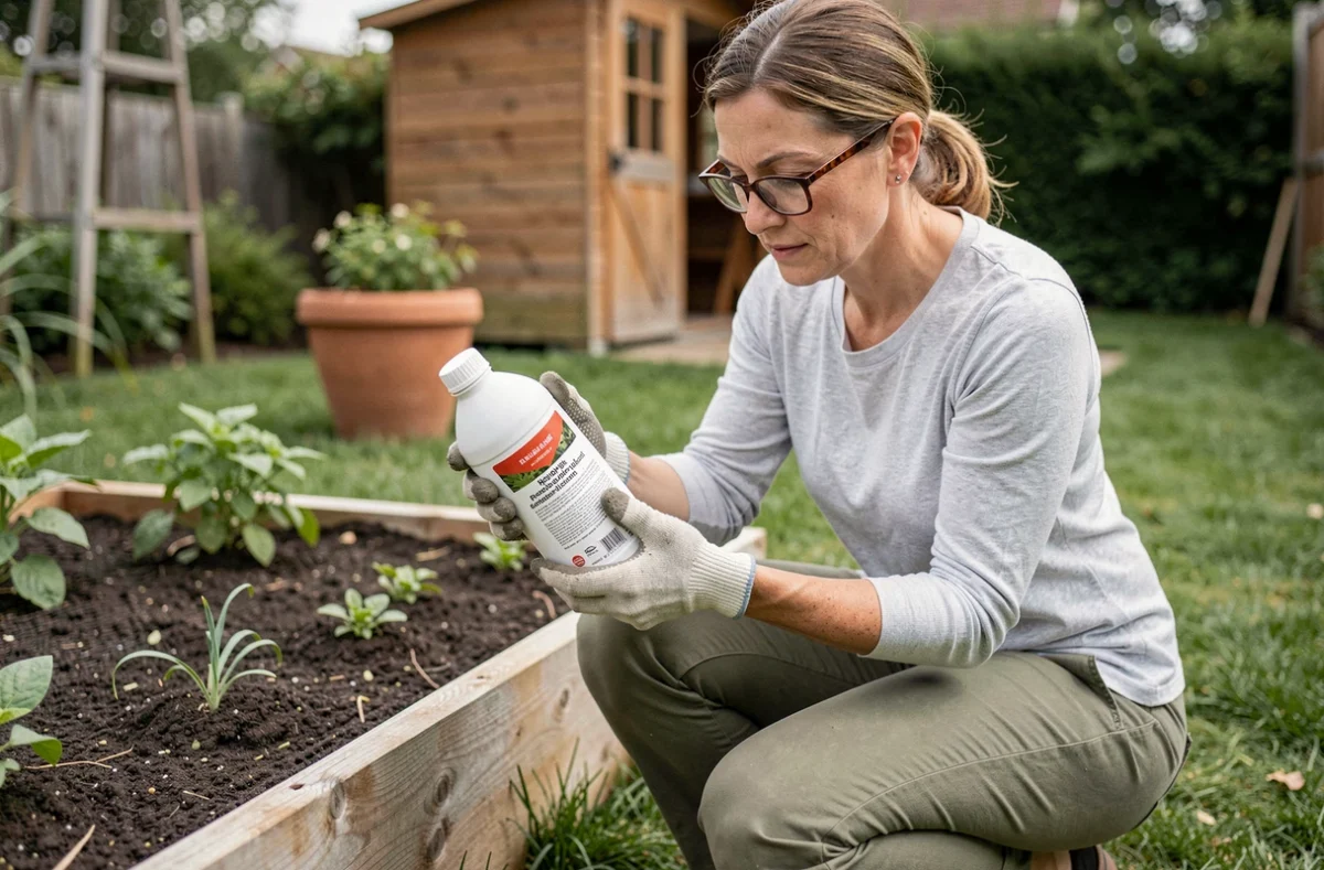 Femme lisant les instructions d'un désherbant dans un jardin potager résidentiel