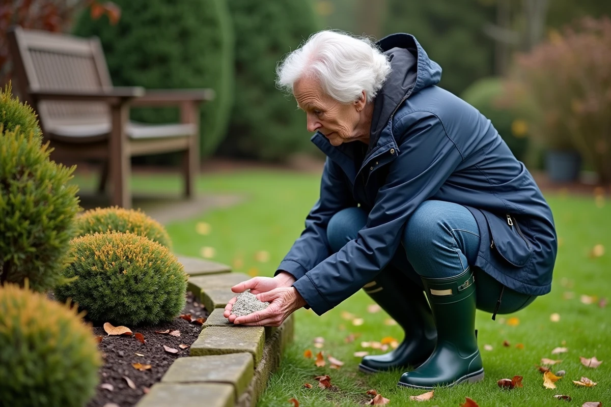 Femme âgée examine la pelouse avec lime et regard pensif