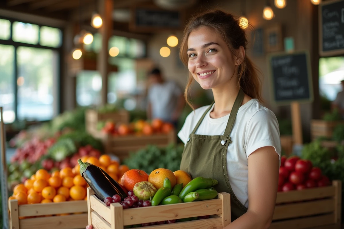 Jeune femme tenant une caisse de fruits et légumes en J dans un marché de producteurs