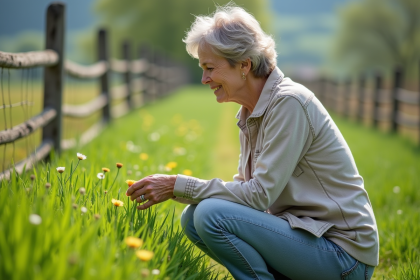 Femme d'âge moyen dans une prairie verte au printemps