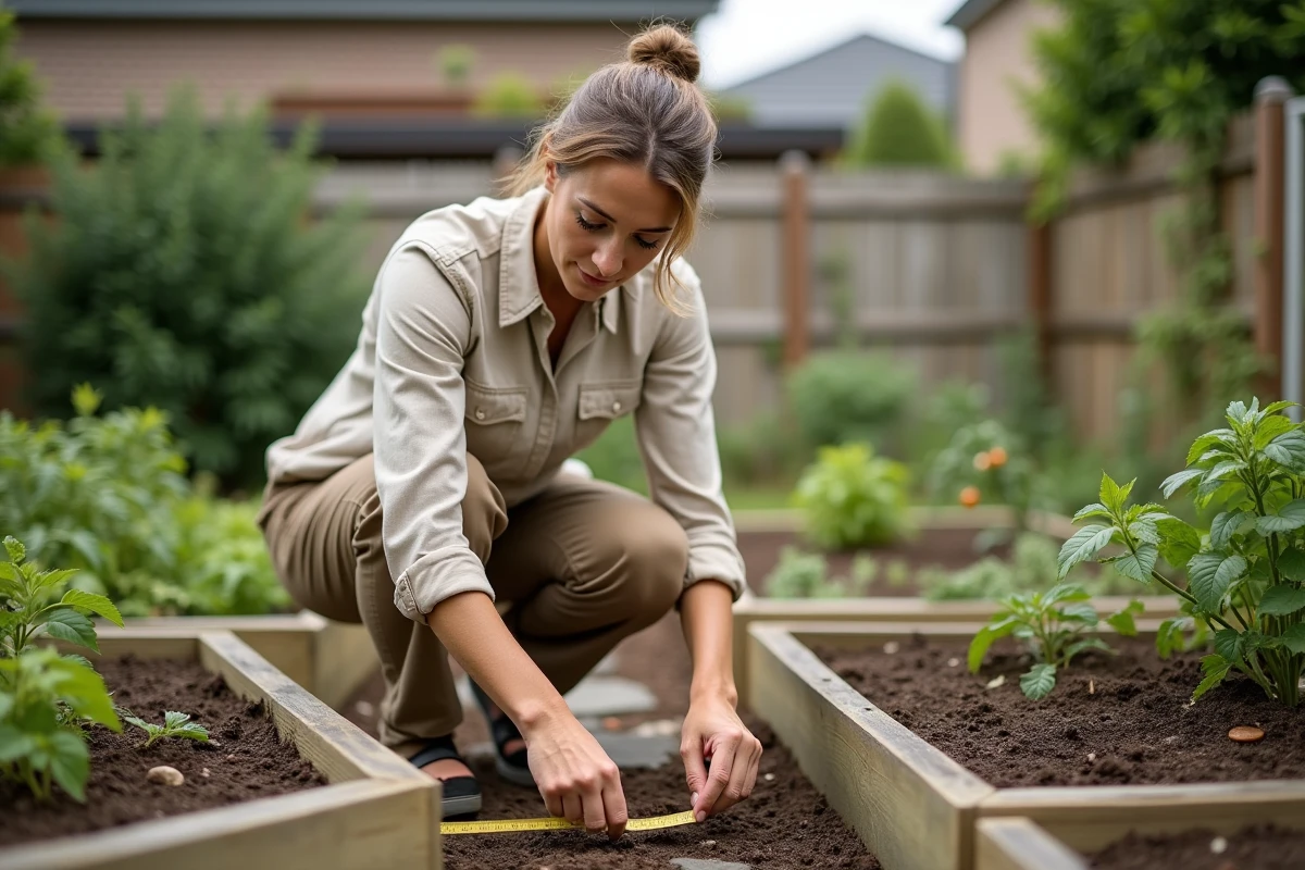 Femme mesurant la superficie d'un potager résidentiel avec un mètre ruban pour calculer les ares et hectares