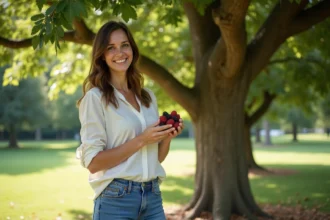 Femme souriante cueillant des mûres dans un parc en été