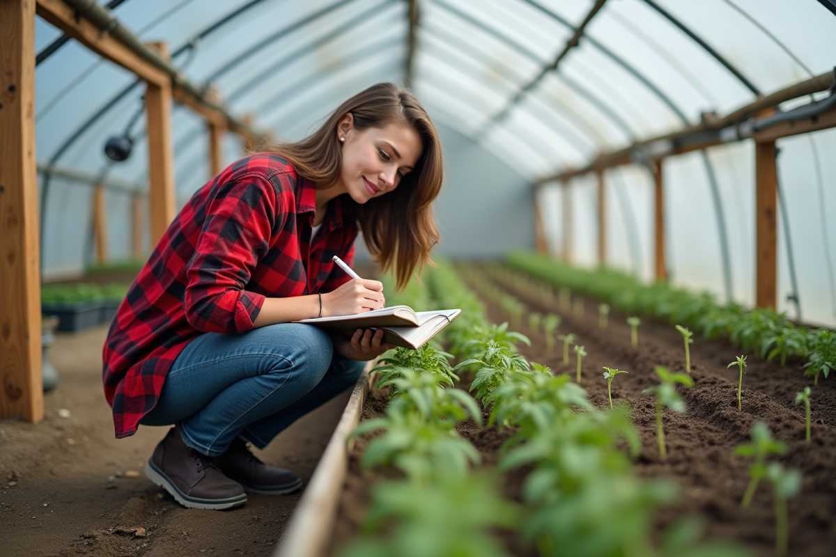 Femme en flanelle rouge notant la croissance des tomates dans la serre