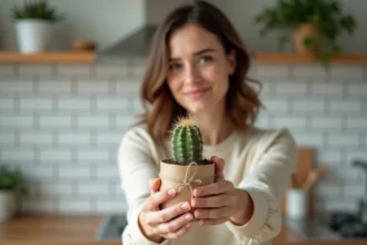 Femme hésitante offrant un cactus emballé dans du papier kraft, signification ambiguë du cadeau