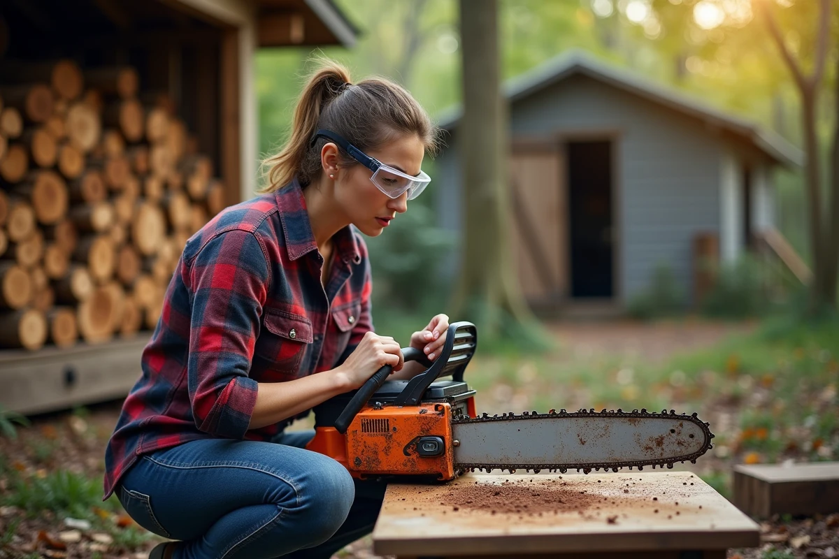 Femme inspecte une chaîne de scie à chaîne sale et huilee