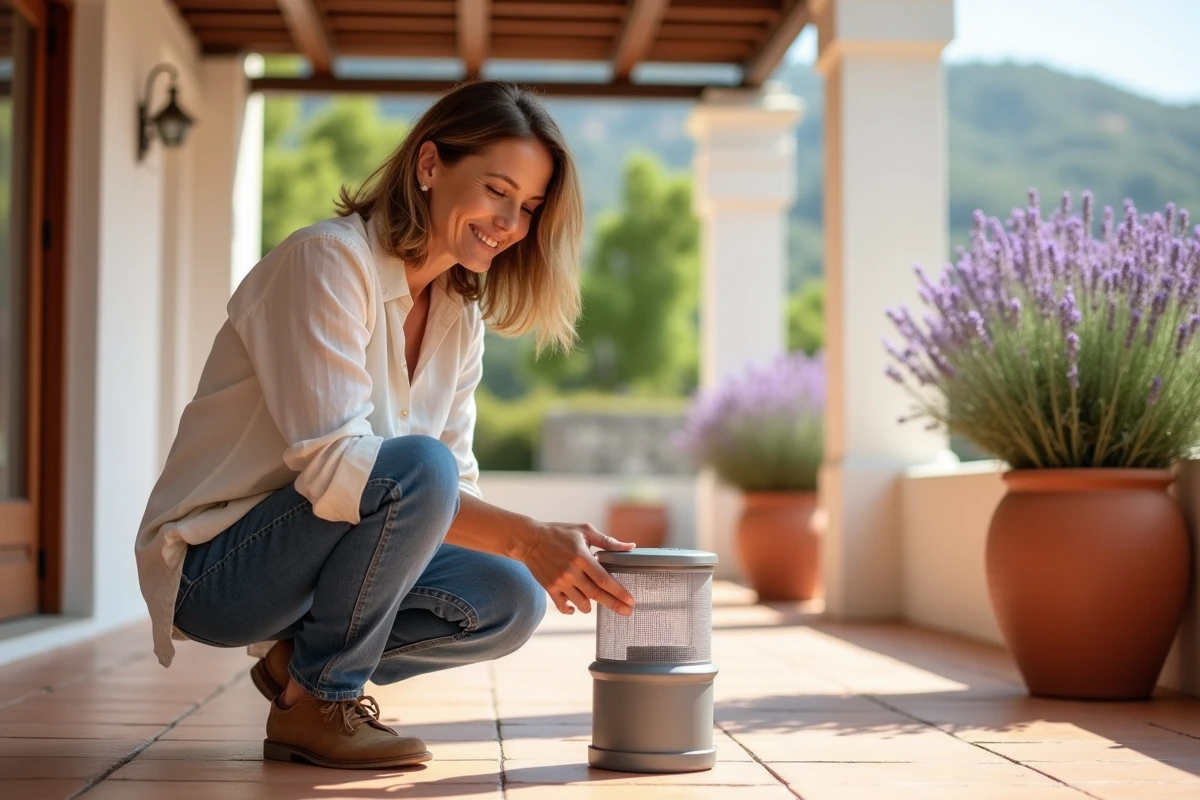 Femme inspectant un piège à moustique sur une terrasse méditerranéenne avec murs en pierre blanche et pots de lavande