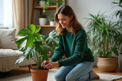 Femme vérifiant l'humidité d'une plante monstera dans un intérieur lumineux