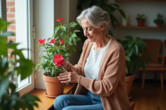 Femme dans un intérieur chaleureux avec bougainvillée