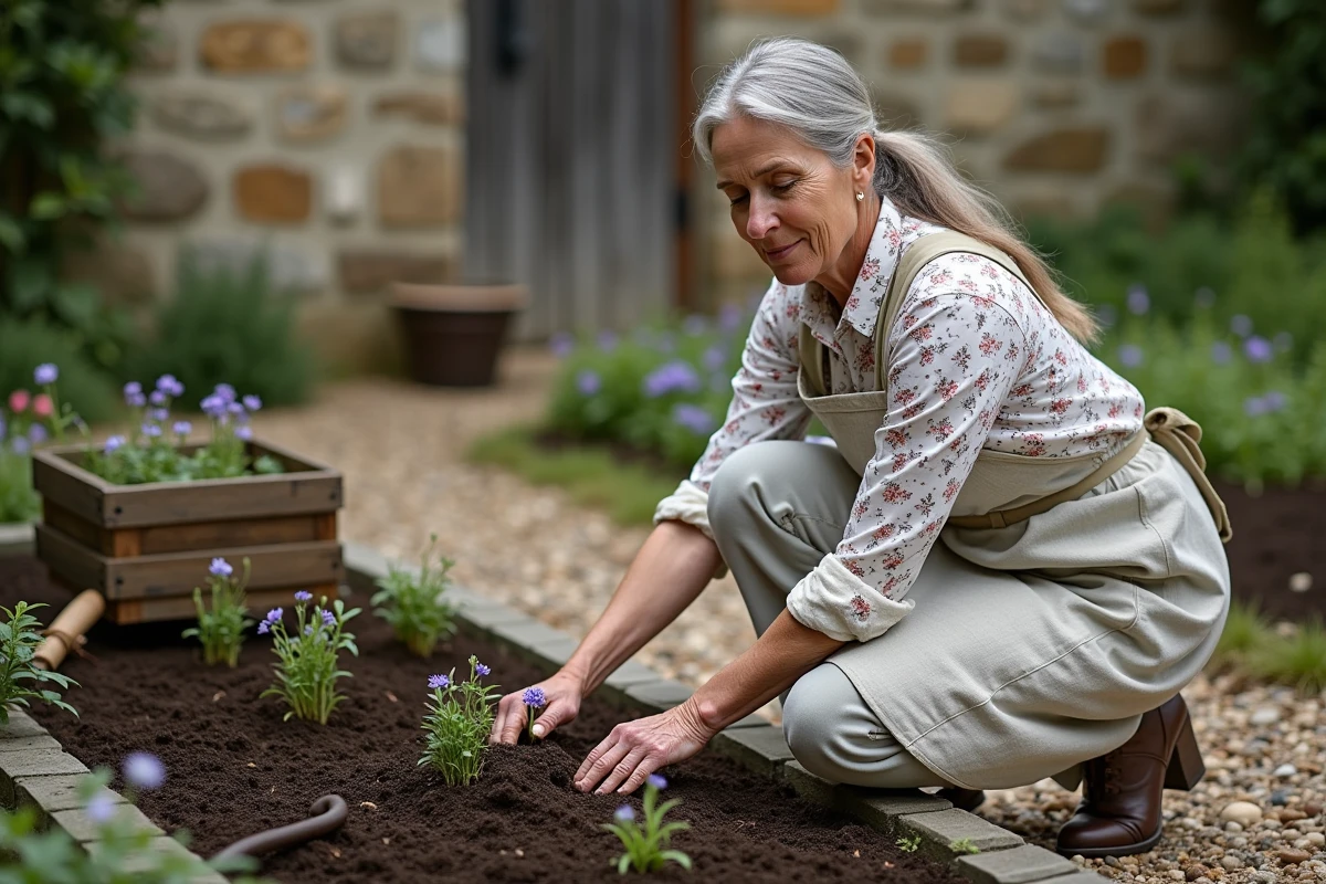 Femme jardinière qui plante des violettes sauvages dans un massif champêtre en terre avec des outils de jardinage