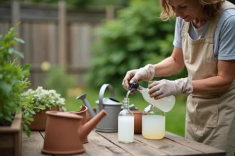 Femme versant du vinaigre blanc dans un vaporisateur pour préparer un désherbant naturel dans le jardin
