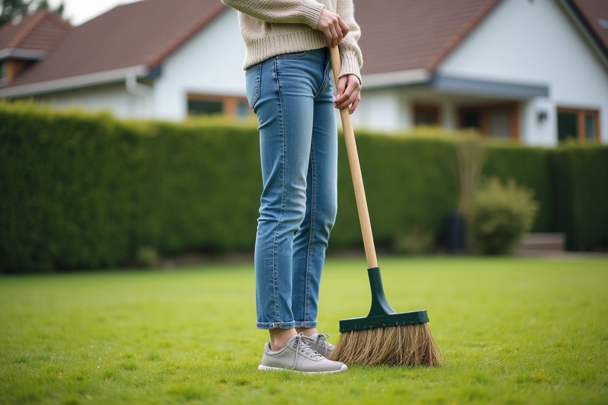 Jeune femme en jeans examinant la mousse dans le jardin
