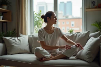 Jeune femme en loungewear sécurise une fenêtre