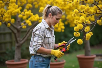 Femme taillant des branches de mimosa dans le jardin