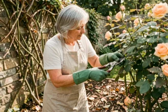 Femme taillant un rosier grimpant contre un mur en pierre avec un sécateur, méthode de taille simple au jardin