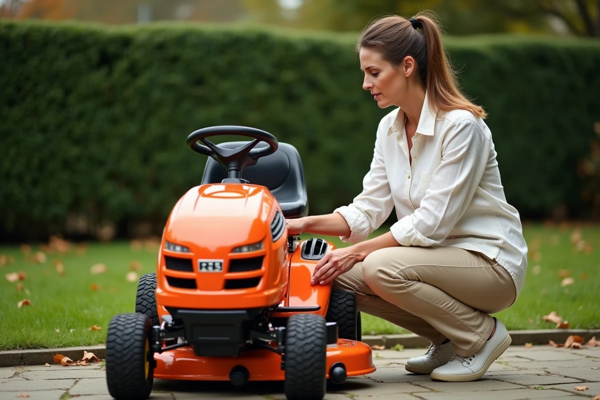 Femme inspectant un tracteur tondeuse pas cher dans un jardin en automne