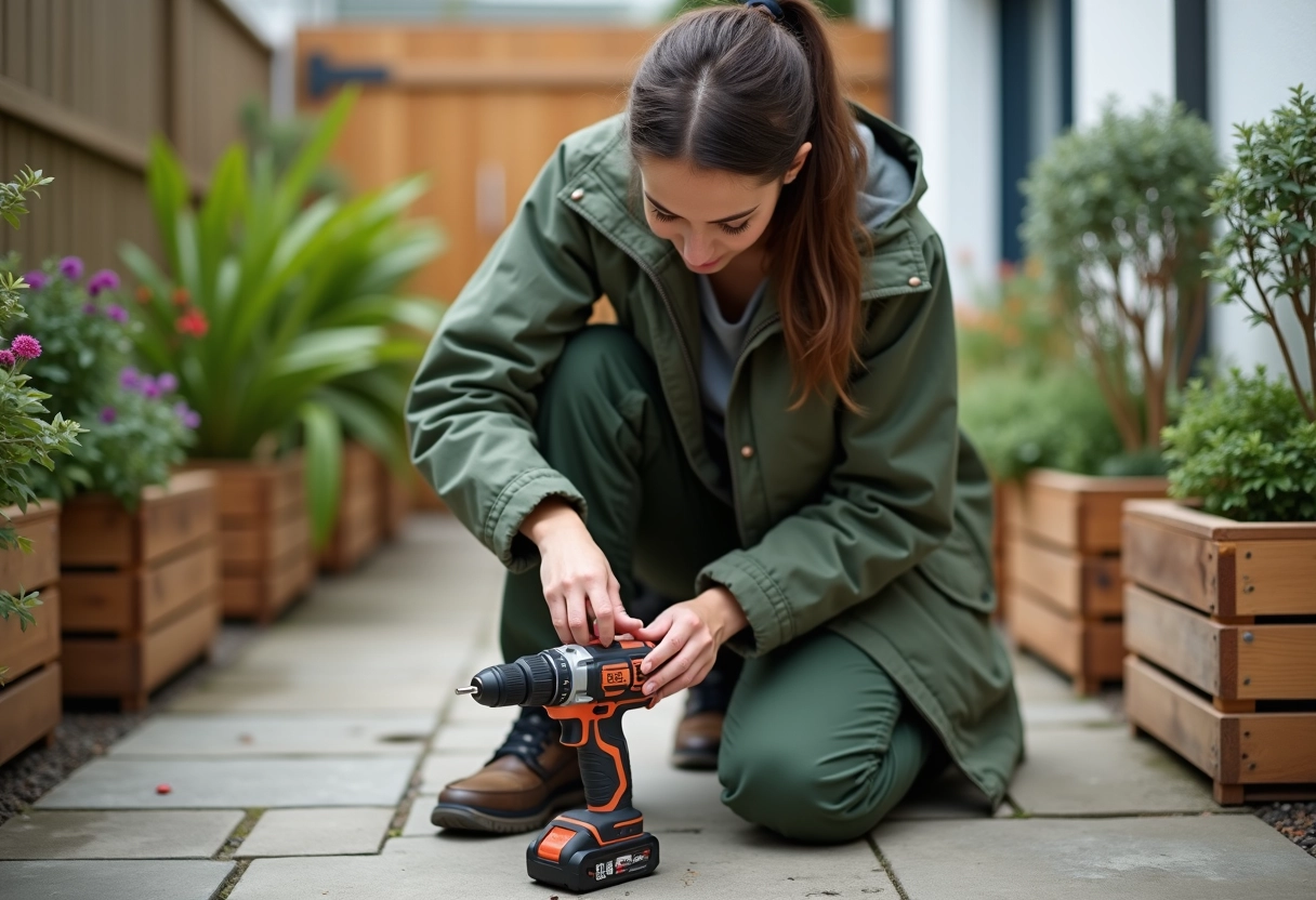 Jeune femme déballant une perceuse sans fil dans un jardin