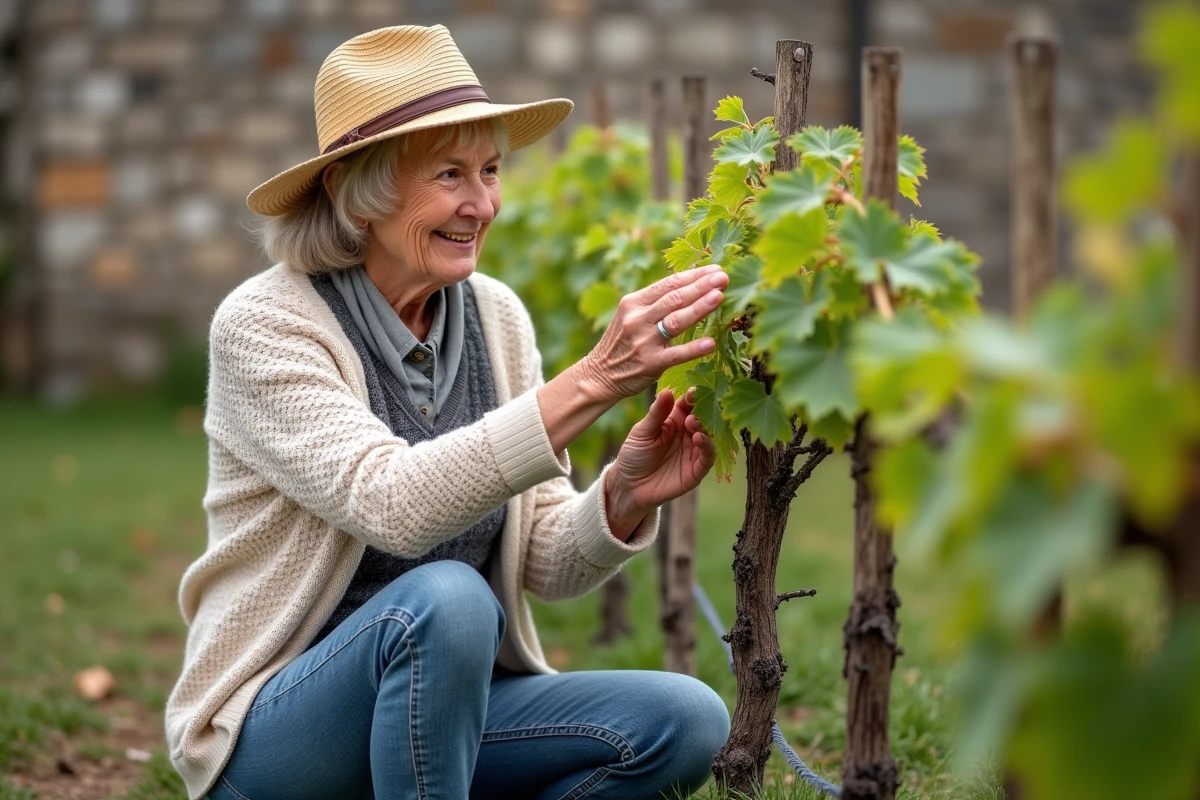 Femme âgée inspectant les sarments de vigne dans un vignoble