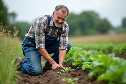 Fermeur en tenue de travail dans un champ bio vert