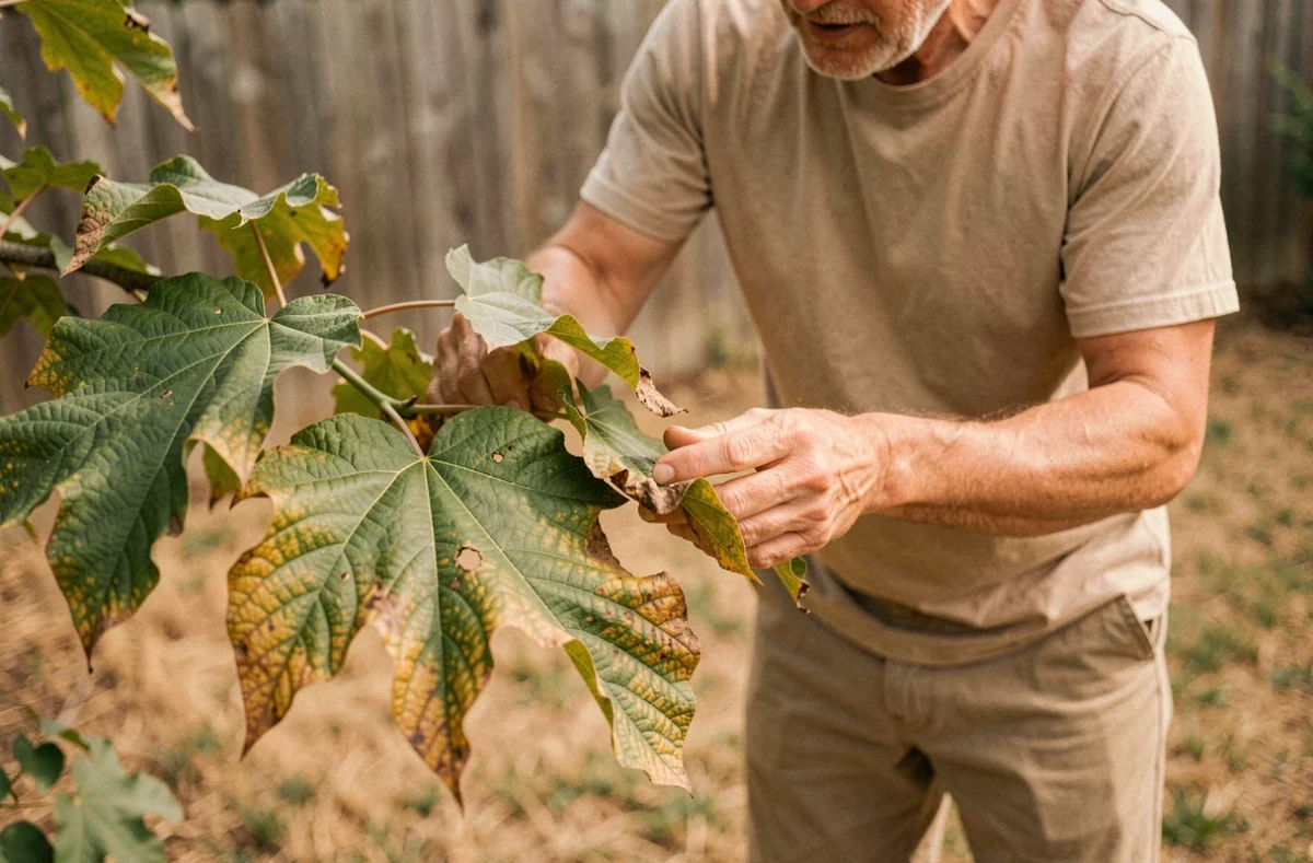Feuilles de catalpa boule présentant des signes de stress hydrique avec bords jaunissants et recroquevillés en été