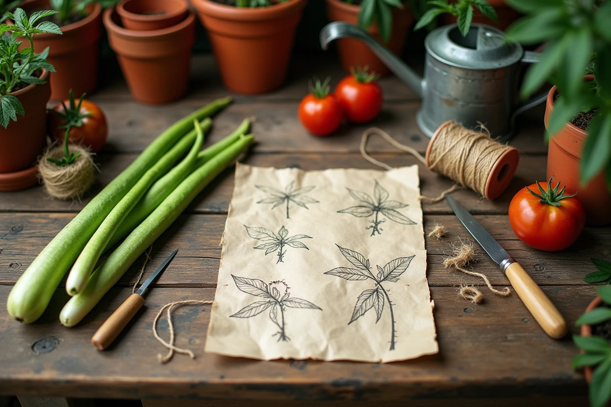 Vue à plat d'une table de rempotage avec des gourmands de tomates coupés et un guide manuscrit de taille